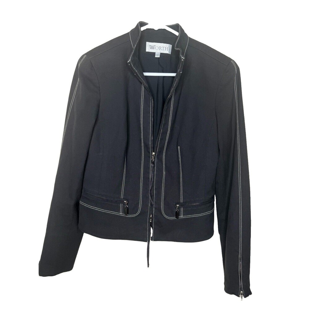 Worth New York Sz 8 Black Stretch Cotton Zip Cropped Moto Jacket Y2K Coat VTG